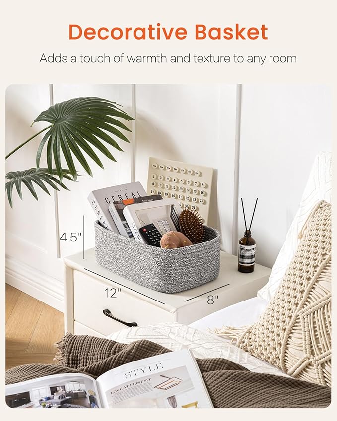 KALLAX Small Woven Basket, 12 x 8 x 4.5 Inches, Storage Basket for Organizing, Cute Small Rope Shelf Closet Cube Storage Bins Baskets for Shelves, Dog Toy Gift Baskets Empty, 3 Packs, Mixed Grey-Ruum Studio Home