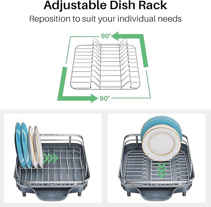 Dish Drying Rack, Expandable Dish Rack for Kitchen Counter, Stainless Steel Dish Drainer with Drainboard Set and Utensil Holder (Gray)-Ruum Studio Home