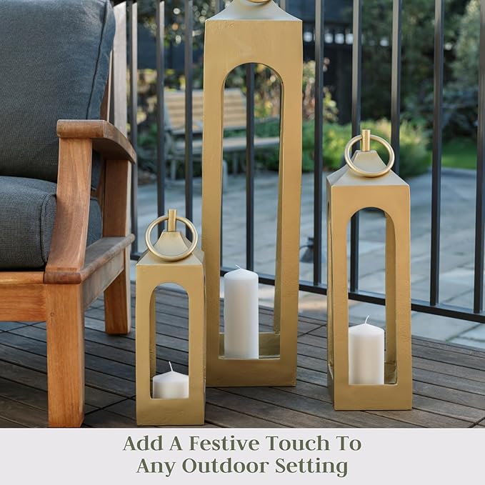 Small Gold Lantern, Rustic Metal Decorative Lantern, Candle Holder for Indoor & Outdoor, Home Decor for Patio, Garden & Tabletop, Hanging Lantern for Parties & Weddings-Ruum Studio Home