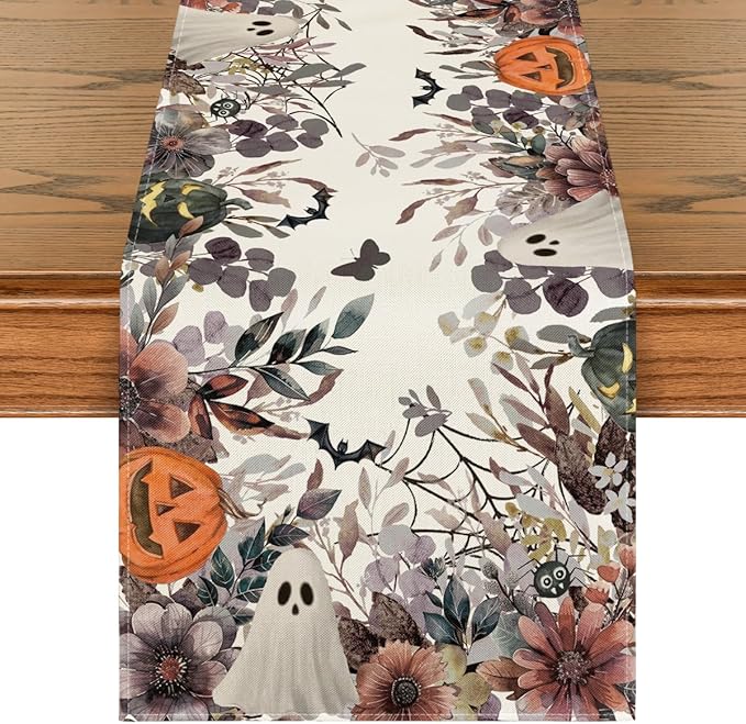 Artoid Mode Jack-O'-Lantern Pumpkin Floral Ghost Halloween Table Runner, Eucalyptus Kitchen Dining Table Decoration for Home Party Decor 13x120 Inch-Ruum Studio Home