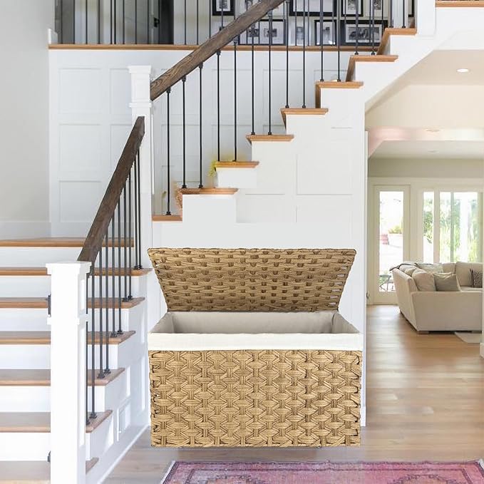 Wicker Storage Basket with Lid, 42.3 Gallon (160L) Large Blanket Basket with Lid, Woven Storage Bin with Handles, Removable Liner, Metal Frame, Foldable, for Bedroom, Laundry Room, Natural-Ruum Studio Home
