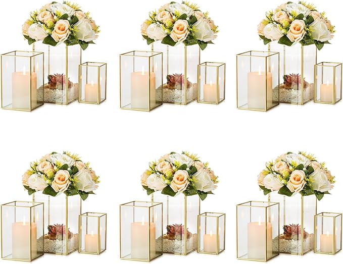 Glass Hurricane Candle Holder Large - Hewory 18pcs Gold Rectangle Flower Holders Centerpiece for Table, Tall Floor Square Pillar Candle Lantern for Wedding, Anniversary, Party, Fireplace, Dining Room-Ruum Studio Home