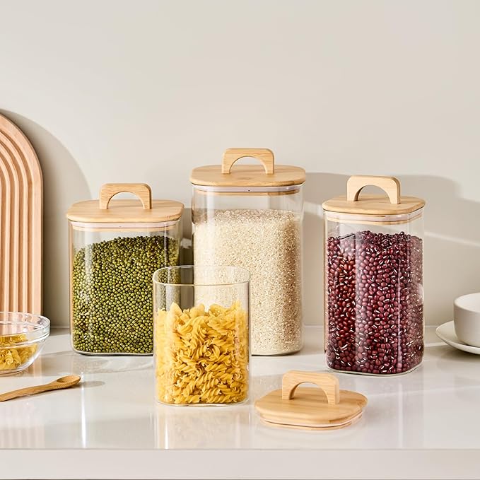 Sweejar 1 qt Glass Food Storage Containers with Lids, Coffee Container for Ground Coffee, 32 oz Glass Jars with Bamboo Lids, 2 Pack