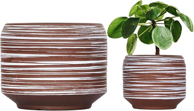 8 Inch + 6 Inch Ceramic Plant Pots Indoor with Drainage – Flower Pot Set, Decorative Indoor Planters for House Plants and Garden Use-Ruum Studio Home