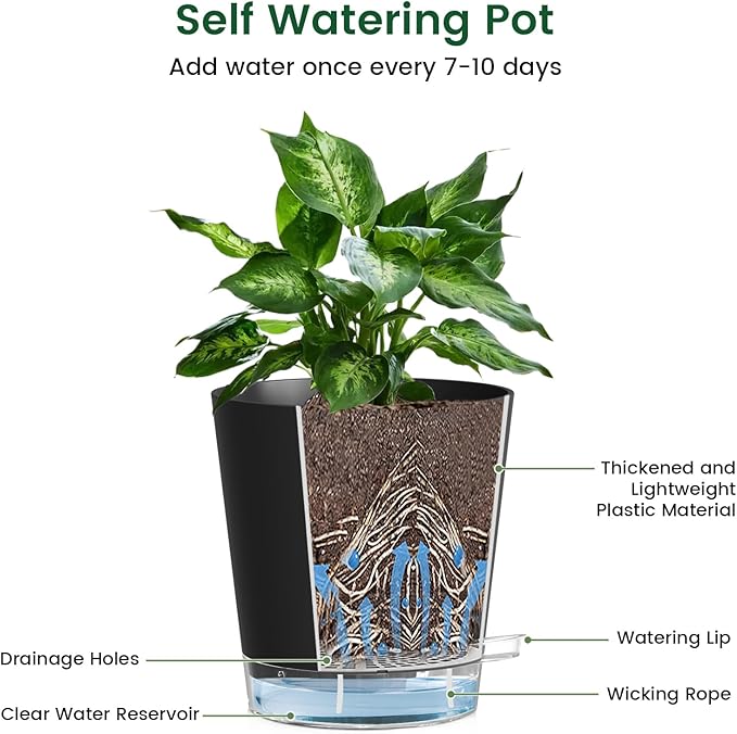 4 inch Self Watering Pots for Indoor Plants, 5 Pack Small Flower Plant Pots with Drainage Holes and Clear Reservoirs, Visible Water Level, Plastic Planters with Wicking Rope, Black-Ruum Studio Home
