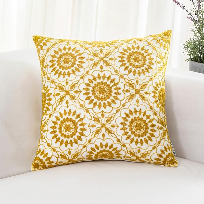 HWY 50 Yellow Decorative Throw Pillow Covers 18x18 Inch (1 Piece), Embroidered Cotton Farmhouse Cushion Cover Pillow Case for Sofa Couch Living Room Bed, Little Sunflower-Ruum Studio Home
