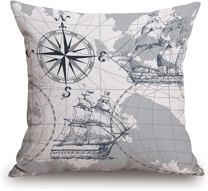 TSSOHU Nautical Sailboat Map Throw Pillow Cover Ship Anchor Cotton Linen Decorative Pillow Case Cushion Cover Home Sofa Decor 18x18 Inch Pillow Cover-Ruum Studio Home
