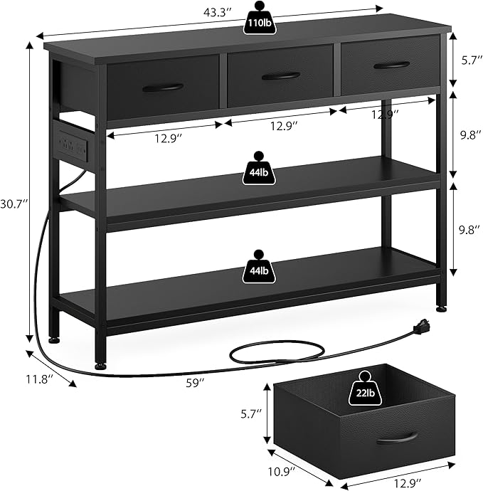 Lulive Entryway Table with Power Outlets, Console Table with 3 Fabric Drawers, Sofa Table for Living Room, Hallway, Couch, Foyer, Height Adjustable (Black, 43")-Ruum Studio Home