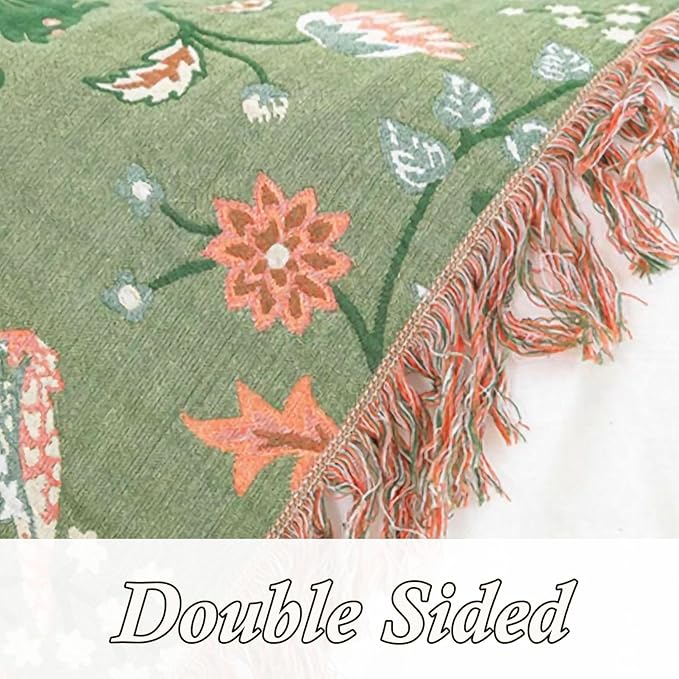 Snycler Boho Throw Blanket for Bed - 100% Cotton Ultra Soft Rustic Quilt Green Blanket - Floral Printed Farmhouse Decor Bed Blankets, 80"×90" All Season Rustic Throw for Sofa Couch Chair-Ruum Studio Home