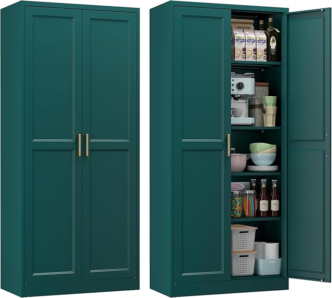 71" Metal Pantry Cabinet, Tall Kitchen Pantry Storage Cabinet with 4 Adjustable Shelves and Gold Handles, Green Cupboard for Kitchen, Dining Room, Living Room-Ruum Studio Home
