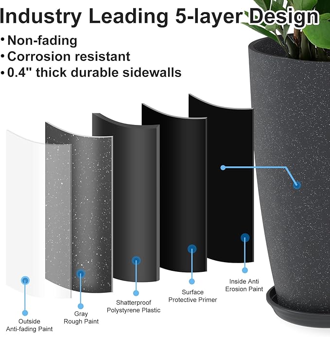GameXcel Tall Flower Pot Indoor - Outdoor Plant Pot - Black Glossy Planter - Elegant Stone Imitation - 12" Diameter 21" Tall with Drainage Holes and Saucer 2Pack-Ruum Studio Home