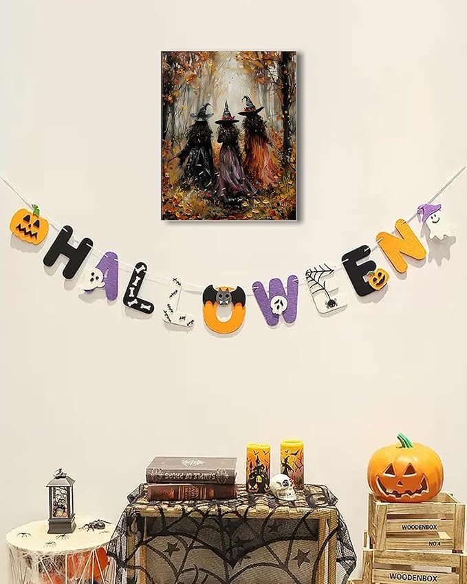 Halloween Canvas Wall Art, Vintage Three Witches Poster, Gothic Dark Academia Wall Decor, Spooky Halloween Decor for Living Room, Bedroom & Bathroom, Framed Fall Decorations Indoor-Ruum Studio Home