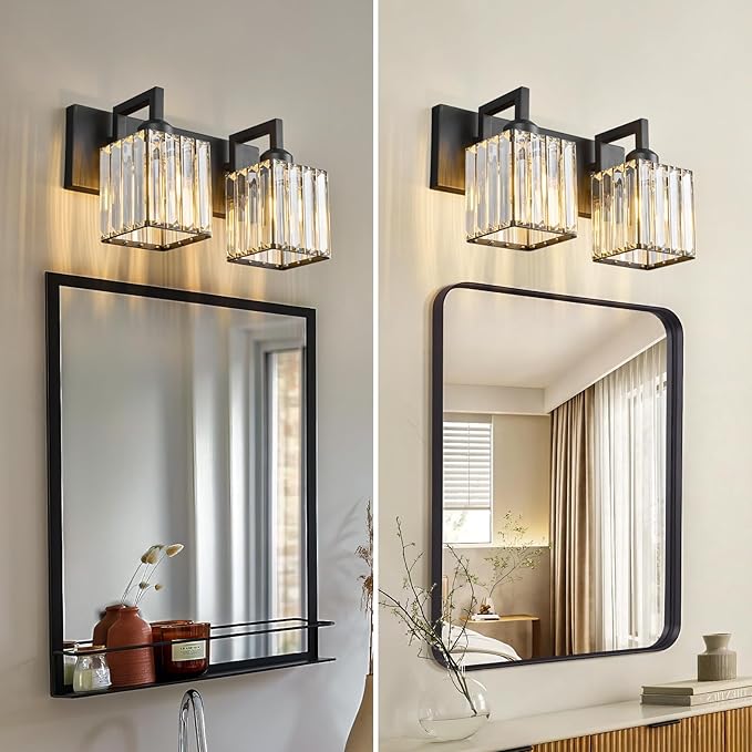 Modern Bathroom Vanity Light 2-Lights Black Crystal Bathroom Wall Light Vanity Light Fixtures-Ruum Studio Home
