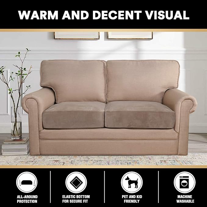 PrinceDeco Velvet Sofa Cushion Covers, Stretch Couch Cushion Covers for Individual Seat Couch Slipcover Sets Furniture Protector for Loveseat Sofa Cushion Width Up to 29.5", Taupe-Ruum Studio Home