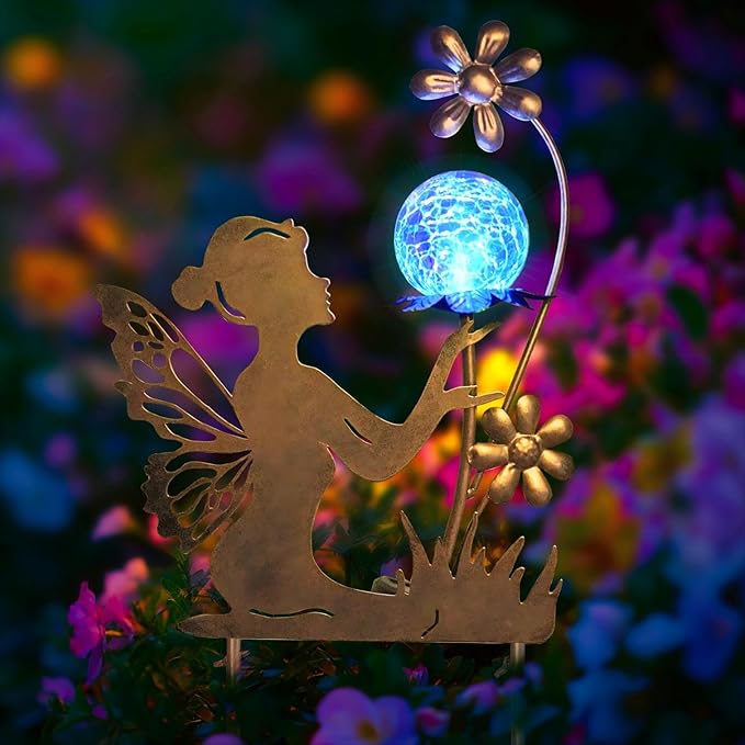 HONGLAND Solar Garden Lights Outdoor Decor, Fairy Figurine Moon Crackle Glass Lights Stake, Housewarming Ornament for Patio, Lawn, Yard, Pathway - Unique Gardening Gifts for Women Mom Grandma-Ruum Studio Home