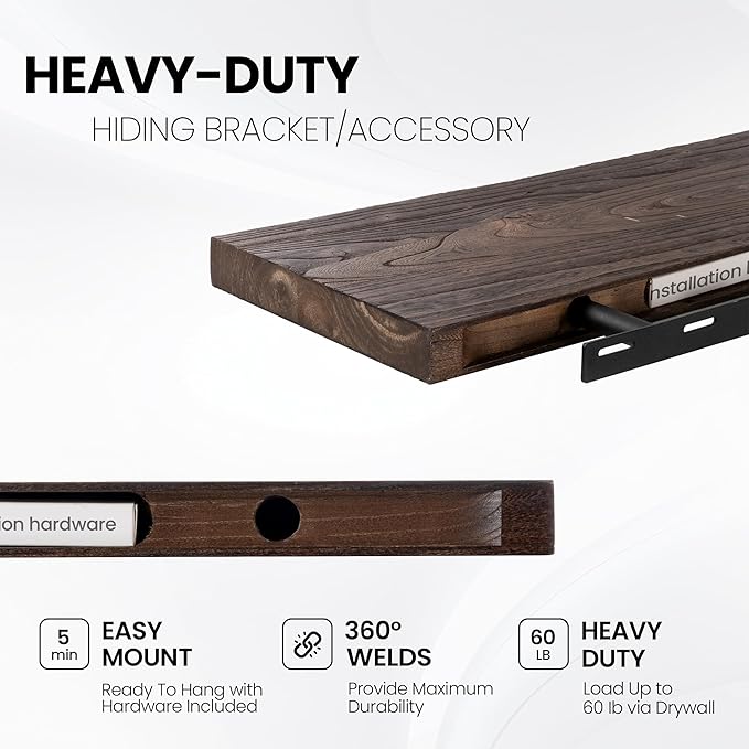Floating Shelves for Wall, 24"x9.3" Rustic Solid Live-Edge Elm Wood Wall Shelves, Heavy-Duty Floating Shelves with Invisible Brackets, Set of 2 for Living Room, Bedroom, and Kitchen, Walnut Finish-Ruum Studio Home