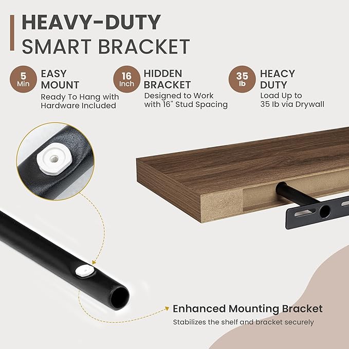 30 Inch Floating Shelves, 8 Inch Deep Floating Shelves for Wall, Hanging Shelf with Invisible Brackets, Deep Shelves for Bathroom, Bedroom, Living Room, Walnut, Set of 2-Ruum Studio Home