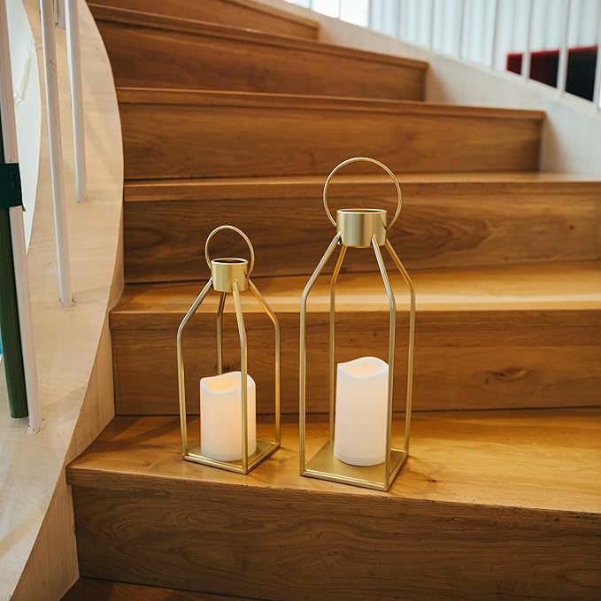 HPC Decor Modern Farmhouse Lantern Decor- Gold Metal Candle Lanterns for Christmas- Lanterns Decorative w/Timer Flickering Candles for Living Room, Home, Indoor, Outdoor, Table,Fireplace Mantle Decor-Ruum Studio Home