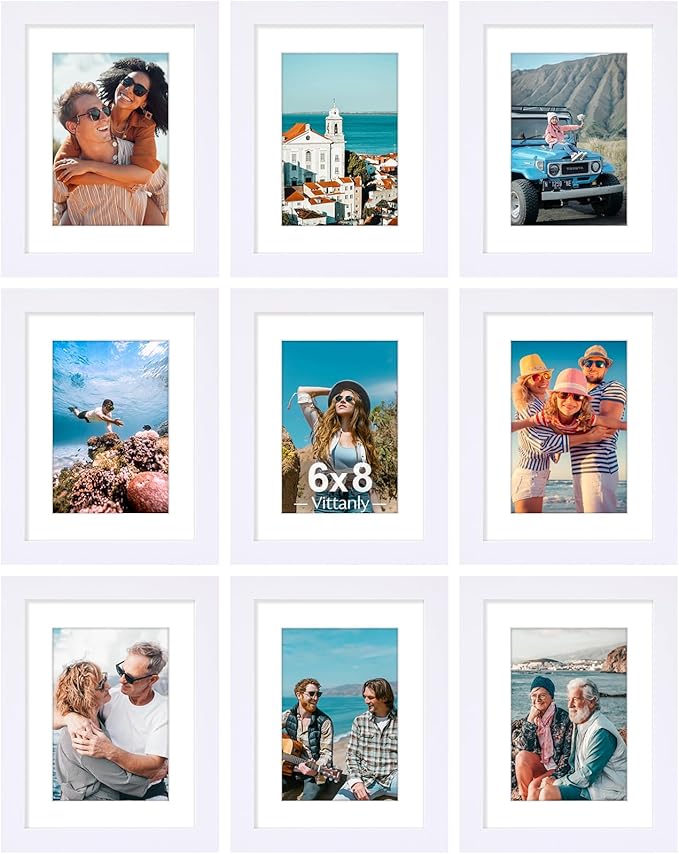 Vittanly 6x8 Picture Frames Set of 9, Shatter Resistant Plexiglass, Display 4x6 Pictures with Mat or 6x8 without Mat, Photo Frames for Wall or Tabletop, Engineered Wood, White-Ruum Studio Home