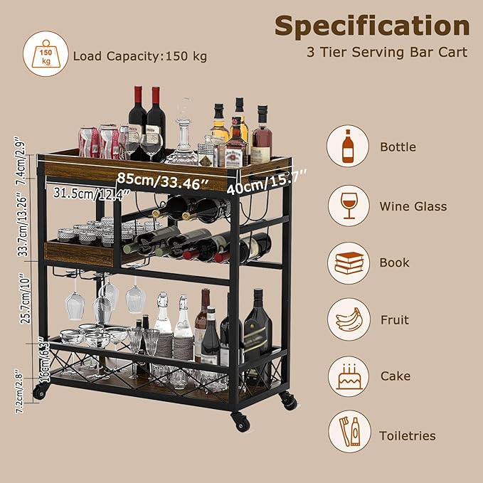 Vintage Bar Cart with Removable Tray and Wheels, Mobile Home Bar Serving Cart with Wine Rack, Glass Holder and Storage Shelves, 3-Tier Rolling Beverage Cart for Home or Patio-Ruum Studio Home