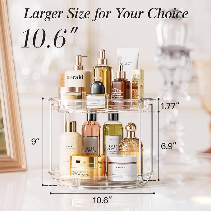 LAMU 10.6in Rotating Makeup Organizer for Vanity, 2 Tier Lazy Susan Turntable Stackable Spinning Skincare Organizer Cosmetic Perfume Tray for Bathroom Counter, Large Capacity, Clear-Ruum Studio Home