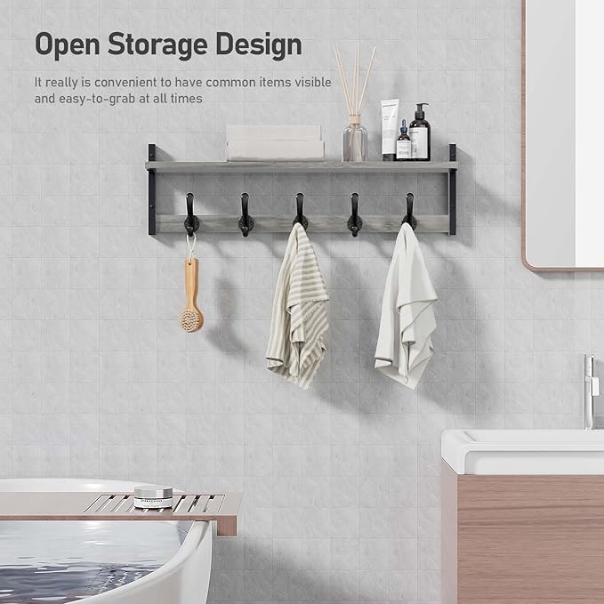 Tatub 29" Rustic Coat Rack Wall Mount with Shelf, Entryway Wall Hooks with Shelf and 5 Metal Hooks, Coat Hangers for Bathroom, Living Room, Bedroom, Kitchen, Grey-Ruum Studio Home