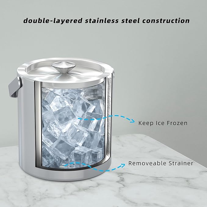 Small Ice Bucket with Lid and Tongs,1.3L Portable Mini Double Walled Ice Cube Bucket for Cocktail Bar Stainless Steel Cute Insulated Ice Buckets for Parties-Ruum Studio Home