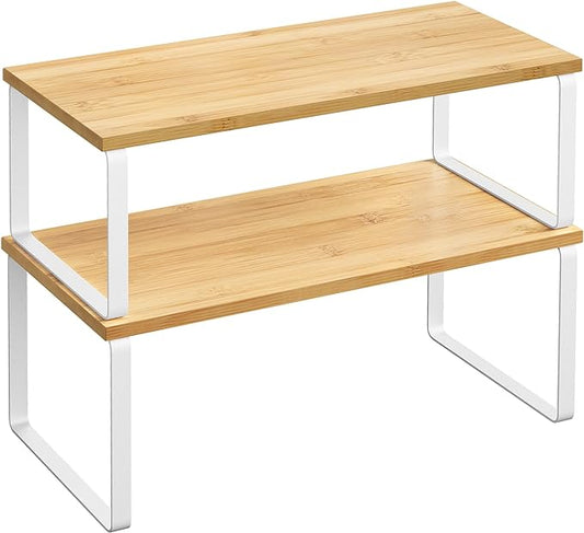 SONGMICS Cabinet Organizer Shelf, Set of 2 Kitchen Counter Shelves, Kitchen Storage, Spice Rack, Stackable, Expandable, Metal and Engineered Wood, Cloud White and Natural Beige UKCS200W01-Ruum Studio Home