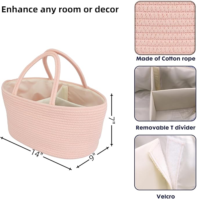 Diaper Caddy Organizer Cotton Rope Baby Basket Nursery Storage and Portable Tote Bag for Car Ideal Baby Shower Gifts and Registry Must-Have for Newborn Essentials coral pink-Ruum Studio Home