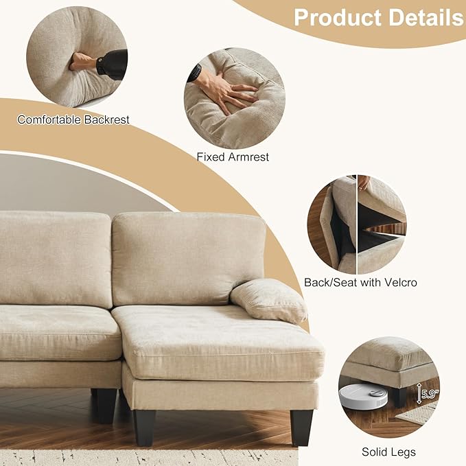 Karl home U-Shape Sectional Sofa Couch 111" Modern 4-Seat Sofa with Chaises Chenille Fabric Upholstered Covertible Couch with Wood Grain Legs for Living Room, Reception Room, Apartment, Khaki-Ruum Studio Home