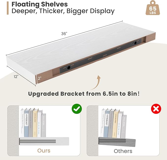 Heimlove 12" Deep Floating Shelves, 36 x 12 Inch Wall Mounted Long Floating Shelf with Invisible Brackets, for Home Decor, Bedroom, Kitchen, Living Room, Bathroom - 2 Pack, White-Ruum Studio Home