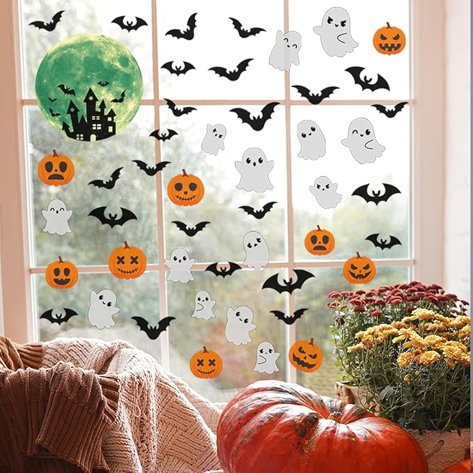 6 Sheets Halloween Window Clings Halloween Window Stickers Double-Sided Removable Castle Pumpkin Ghost Bat Window Decals Decor for Scary Halloween Theme Party Decorations-Ruum Studio Home