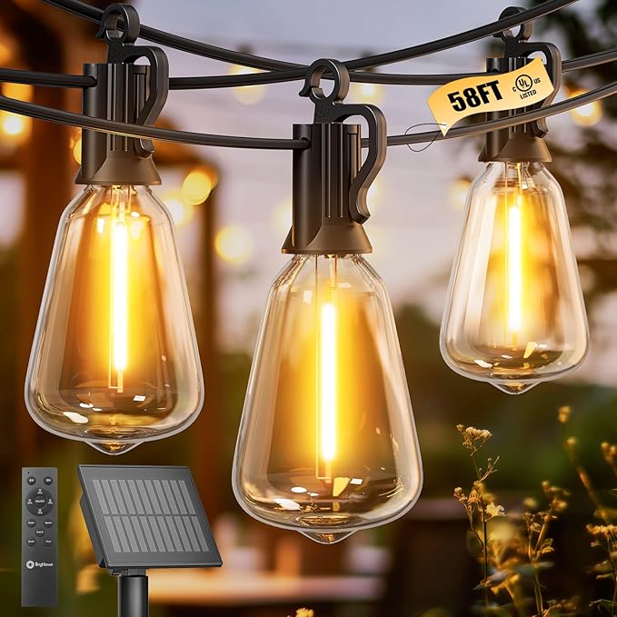 Brightown Outdoor Solar String Lights Waterproof 58FT with 25 Shatterproof ST38 LED Bulbs, 2700K Solar Lights Outdoor with Remote, Solar String Lights for Outside, Camping, Yard, Party Decor-Ruum Studio Home