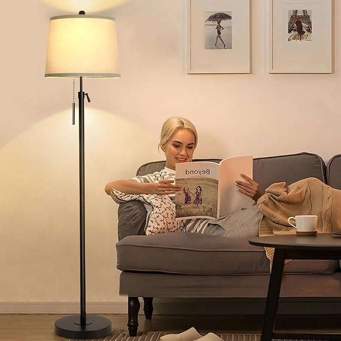 Floor Lamps for Living Room, Black Floor Lamp Adjustable Height Standing Lamp, Dimmable Modern Tall Floor Lamp for Bedroom Office with Beige Linen Shade, 8W 3000K Bulb Included-Ruum Studio Home