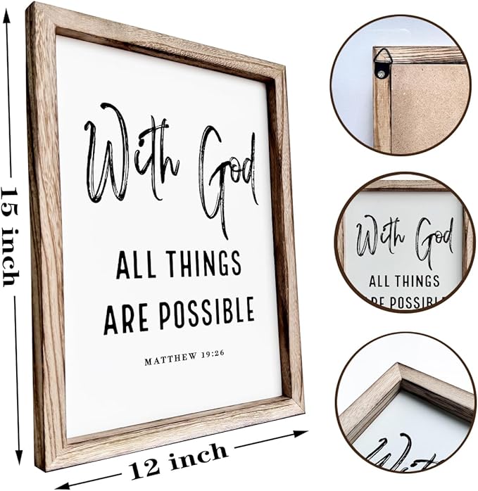 Christian Wooden Wall Signs, Religious Home Decor, Farmhouse Decor for Home Office, Christian Gift, Hanging Framed Wall Plaque 15 * 11.5 inches, With God All Things are Possible Sign-Ruum Studio Home