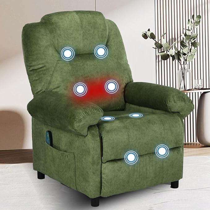 KCREAM Green Massage Recliner Chair, Small Recliners for Small Spaces, Overstuffed Recliners Living Room Chairs for Adults Fabric Manual Recliner Chairs with Heating Single Sofa Chair-Ruum Studio Home