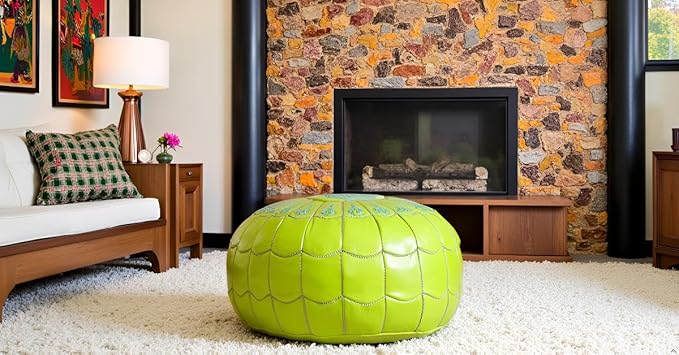 Stuffed Arch Design Moroccan Leather Pouf Ottoman, Handmade, Pre-Filled, 100% Genuine Leather, 14” Height x 22” Diameter – Boho Chic Footstool & Living Room Décor (Lime Green)-Ruum Studio Home