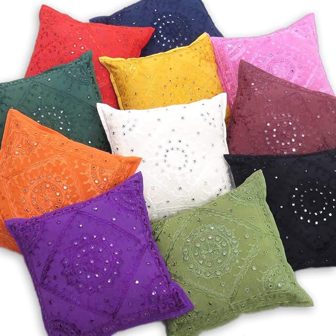 Eyes of India Embroidered Decorative Boho Throw Pillow Cover with Mirrors, Handmade Bohemian Accent Cushion Case for Sofa Couch Bedroom Living Room (Orange, 24" x 24")-Ruum Studio Home