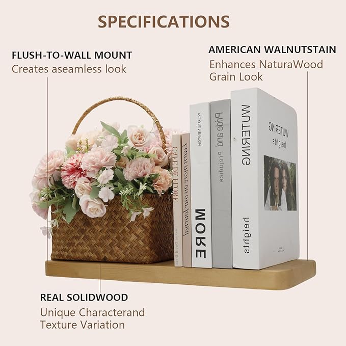 Solid Wood Floating Shelves Set of 2 - Natural, Warp & Crack Resistant 17.72 Inch Wall Shelf with Invisible Brackets Thicker, More Durable for Bathroom, Bedroom, Kitchen, Living Room (Wood, 17.72)-Ruum Studio Home