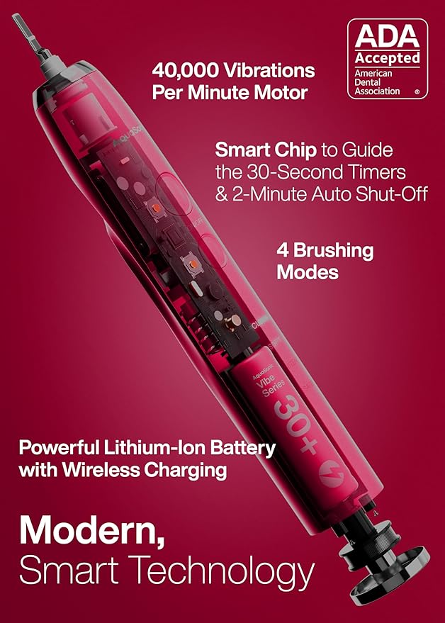 Aquasonic Vibe Series Ultra-Whitening Toothbrush – ADA Accepted Electric Toothbrush - 8 Brush Heads & Travel Case – 40,000 VPM Motor & Wireless Charging - 4 Modes w Smart Timer – Ruby-Ruum Studio Home