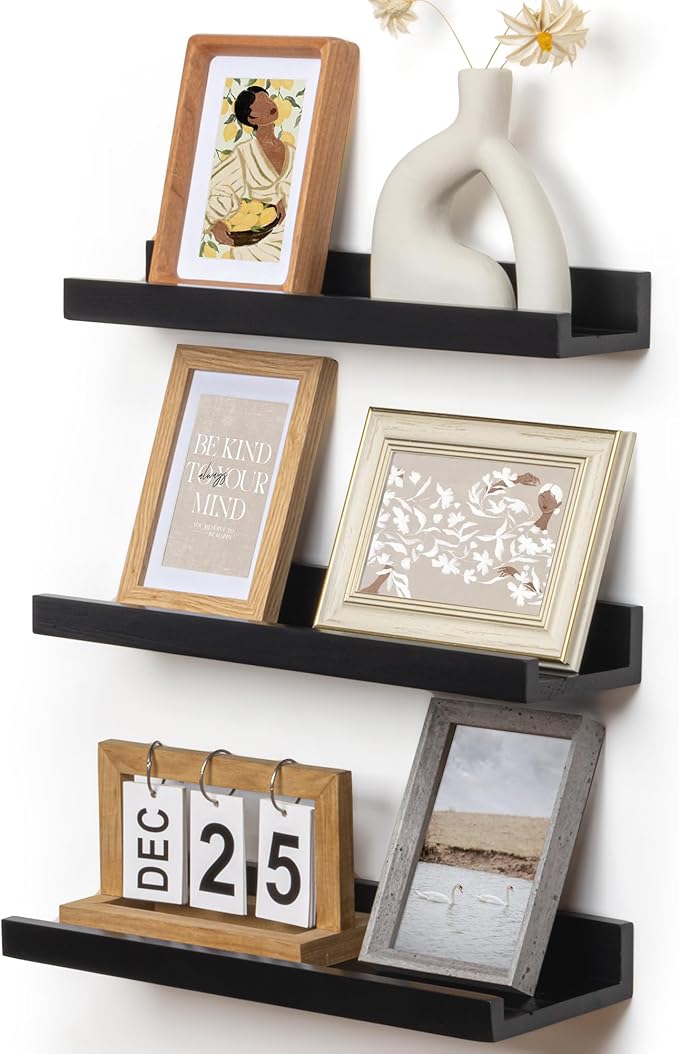 Picture Ledge Wall Shelves - 16 Inch Width Set of 3, Solid Pine Wood Rustic Floating Ledge Shelves for Kids' Room, Bedroom, Kitchen, Bathroom, Living Room, Nursery Display Decor, Black-Ruum Studio Home