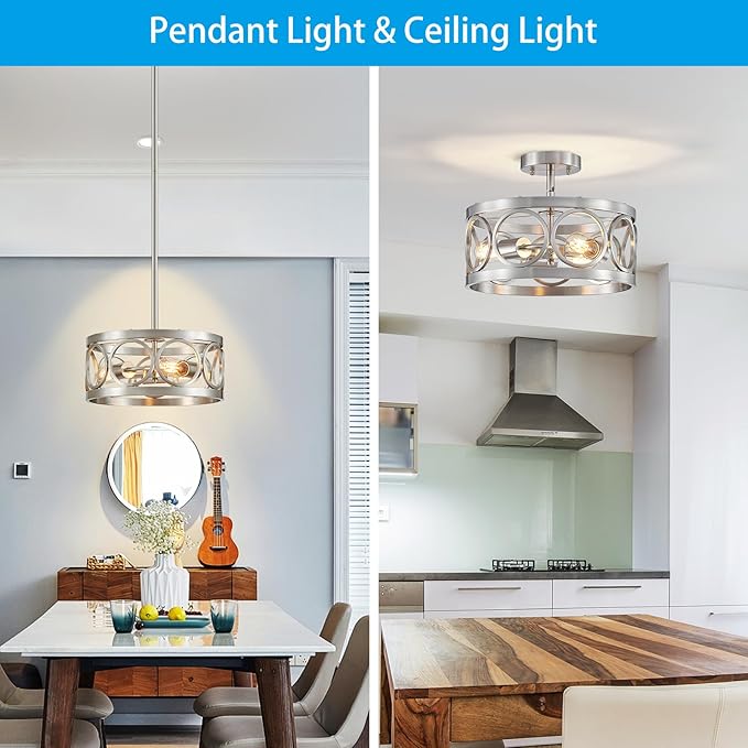 XINGQI Nickel Ceiling Light Adjustable Height Pendant Lighting Fixture 3-Light Metal Lamp 13" Rustic Round Lights for Dining Room Kitchen Bedroom Foyer Hallway-Ruum Studio Home