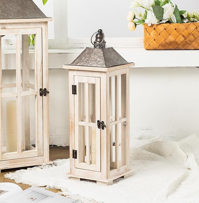 TIMRIS Large Rustic Wooden Decorative Lantern Set of 2, Modern Farmhouse Distressed Whitewash Floor Candle Lanterns, Indoor/Outdoor Hanging Lanterns for Home Decor (No Glass)-Ruum Studio Home