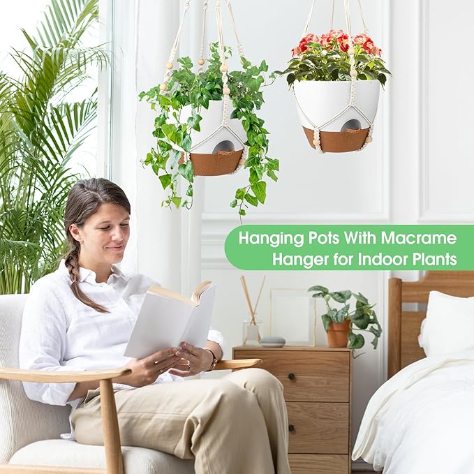 Hanging Planters for Indoor Outdoor Plants, 2 Pack Self Watering Hanging Pot with Drainage Holes, Removable Tray & 2 Kinds of Plant Hangers, 10'' Hanging Flower Pots for Home Garden Decor, White-Ruum Studio Home