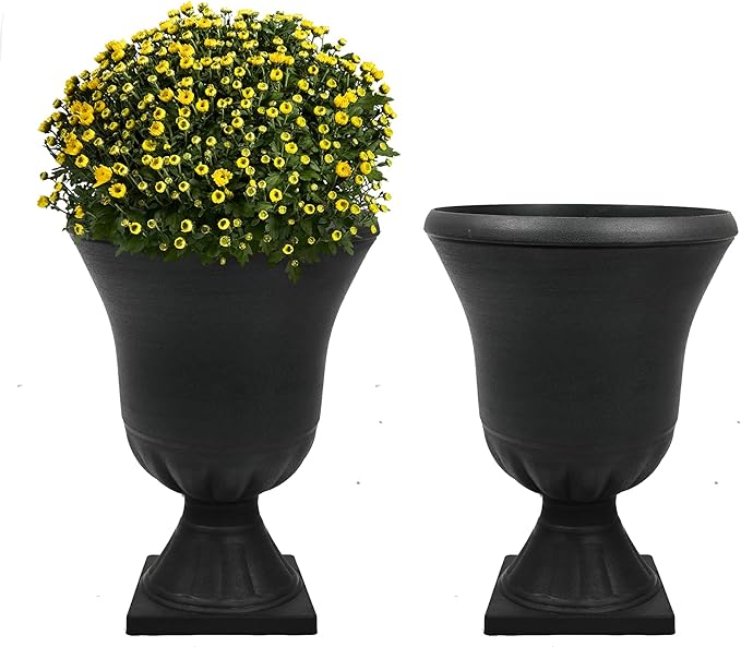 Worth Garden 2-Pack Plastic Urn Planters for Outdoor Plants, 22'' Black Tall Round Classic Resin Traditional Flower Pots - 15 in. Dia. Large Imitation Stone Decorative Pot Patio Deck Front Porch-Ruum Studio Home