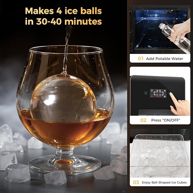 Whiskey Clear Ice-Ball Maker - 2" Slow-Melting Sphere Ice Maker, 4 pcs in 30 Mins 144 Pcs/Day, Round Cube Machine with Automatic Freeze Tech, Water Supply Self-Cleaning for Scotch, Bourbon-Ruum Studio Home