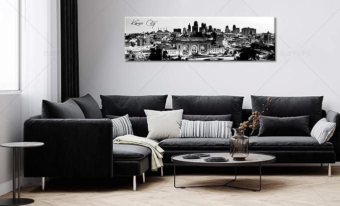 Pictures for Bedroom Black and White Wall Art Kansas City Panoramic Cityscape Skyline Canvas Art Prints for Living Room Office Home Decor Framed and Ready to Hang 13.8"x47.3"-Ruum Studio Home