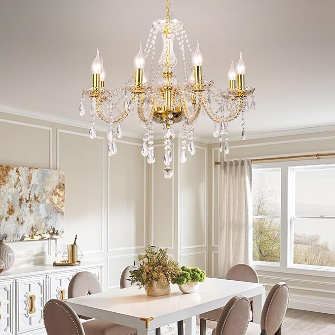 Modern Elegant 8 Lights K9 Crystal Glass Chandelier Golden Pendant Ceiling Lighting European Style for Dining Living Room Bedroom Transparent, 8 E12 Bulbs Required-Ruum Studio Home