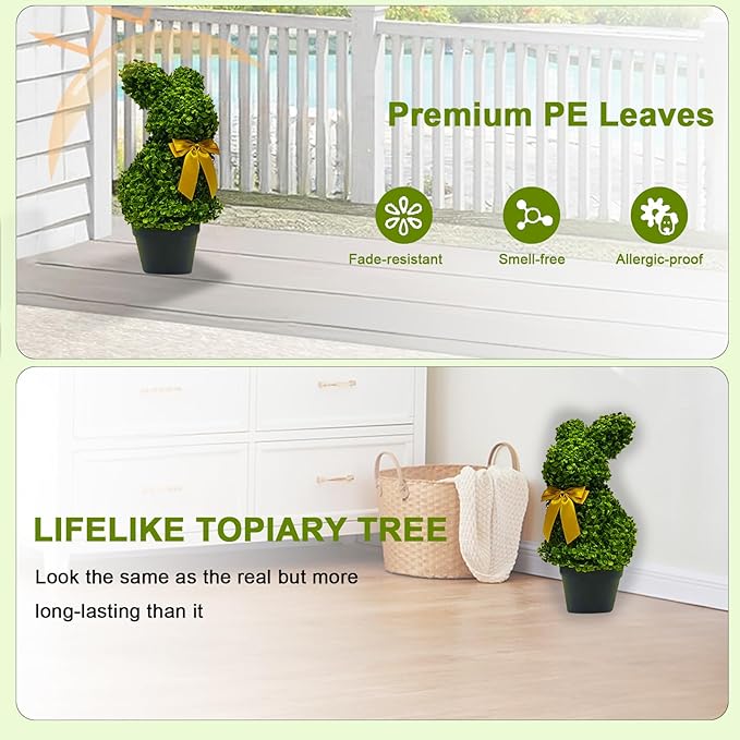 2 Pcs Artificial Bunny Shaped Topiary Trees, Artificial Green Boxwood Bunny Decorations with Gold Bow, Perfect for Indoor & Outdoor Front Porch, Easter& Garden Decor (Bunny Tree with Base)-Ruum Studio Home