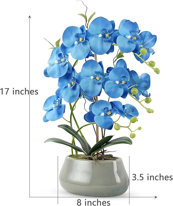 Orchid Artificial Flowers with Gray Vase Large Silk Faux Phalaenopsis Flowers for Dining Room Table Floral Centerpieces Indoor Decoration,Blue-Ruum Studio Home